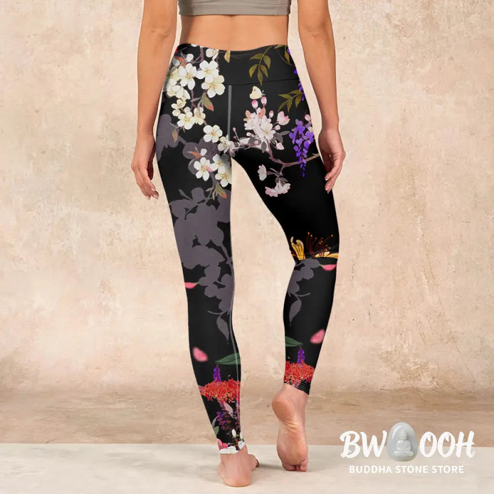 BWOOOH printed yoga leggings - Black Colorful Flowers Print Gym Legging