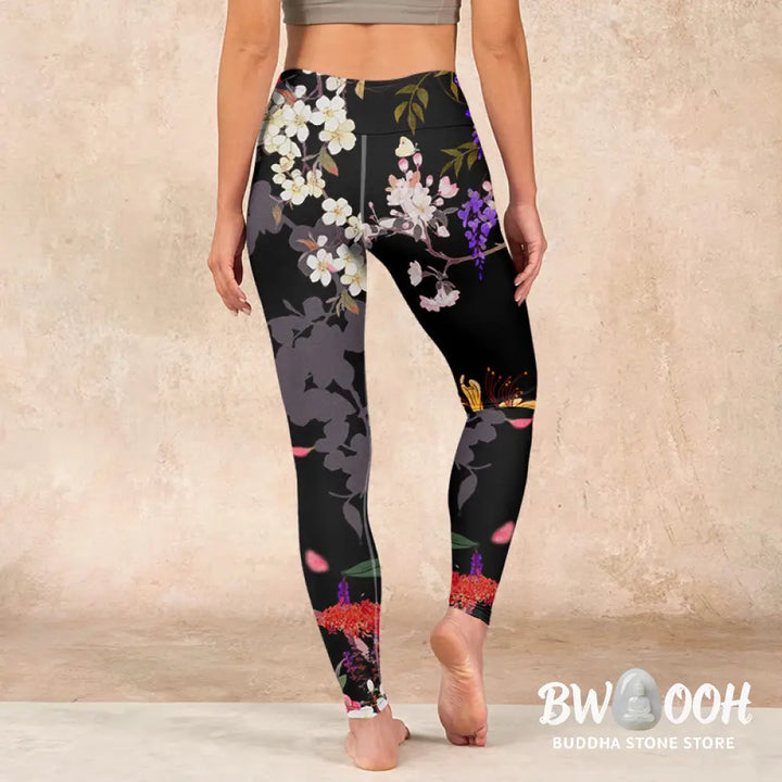 BWOOOH printed yoga leggings - Black Colorful Flowers Print Gym Legging