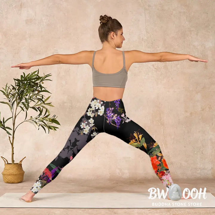 BWOOOH printed yoga leggings - Black Colorful Flowers Print Gym Legging