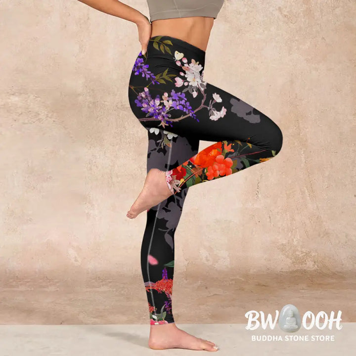 BWOOOH printed yoga leggings - Black Colorful Flowers Print Gym Legging
