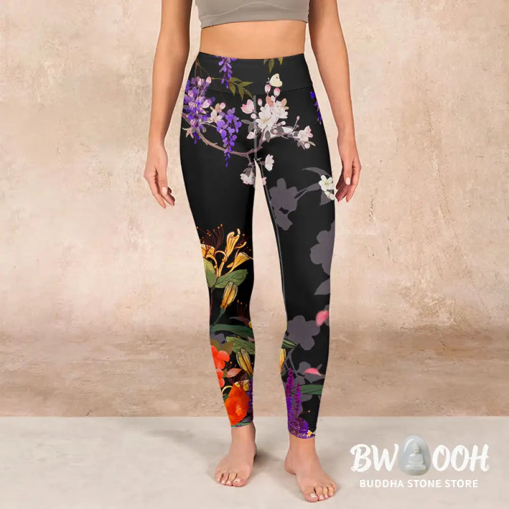 BWOOOH printed yoga leggings - Black Colorful Flowers Print Gym Legging