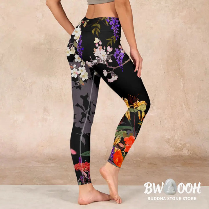 BWOOOH printed yoga leggings - Black Colorful Flowers Print Gym Legging