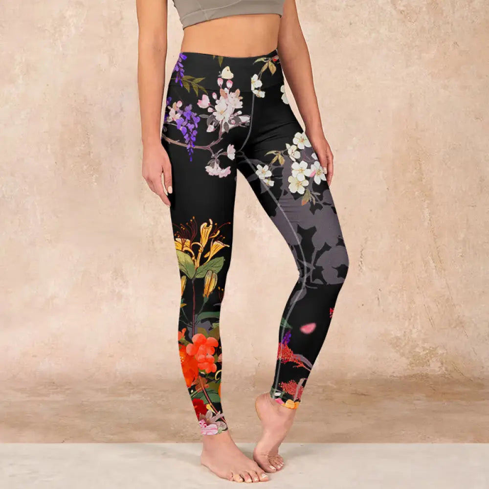 BWOOOH printed yoga leggings - Black Colorful Flowers Print Gym Legging