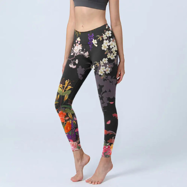 BWOOOH printed yoga leggings - Black Colorful Flowers Print Gym Legging