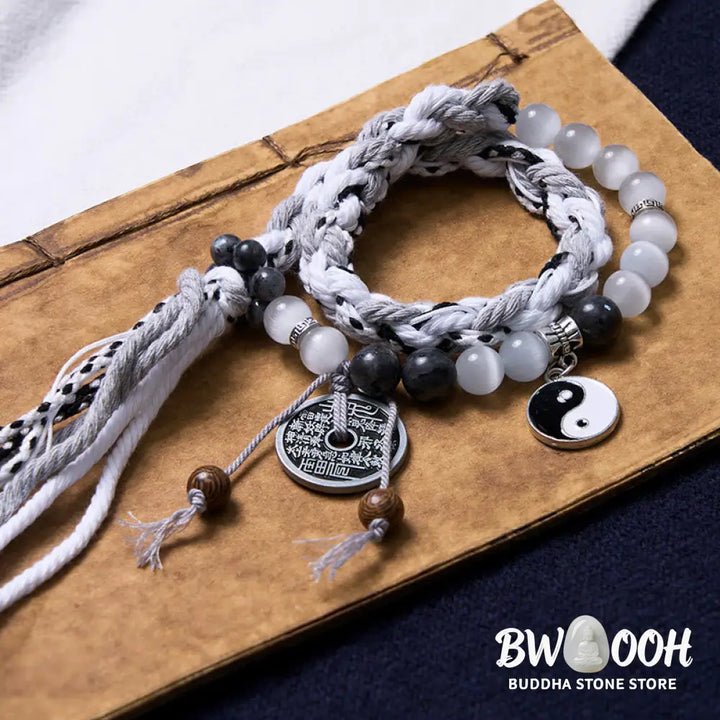 Buddha Stones Black Glitter Stone Cat’s Eye Yin Yang Mountain Ghosts Spend Money Power Double Layer Rope Bracelet
