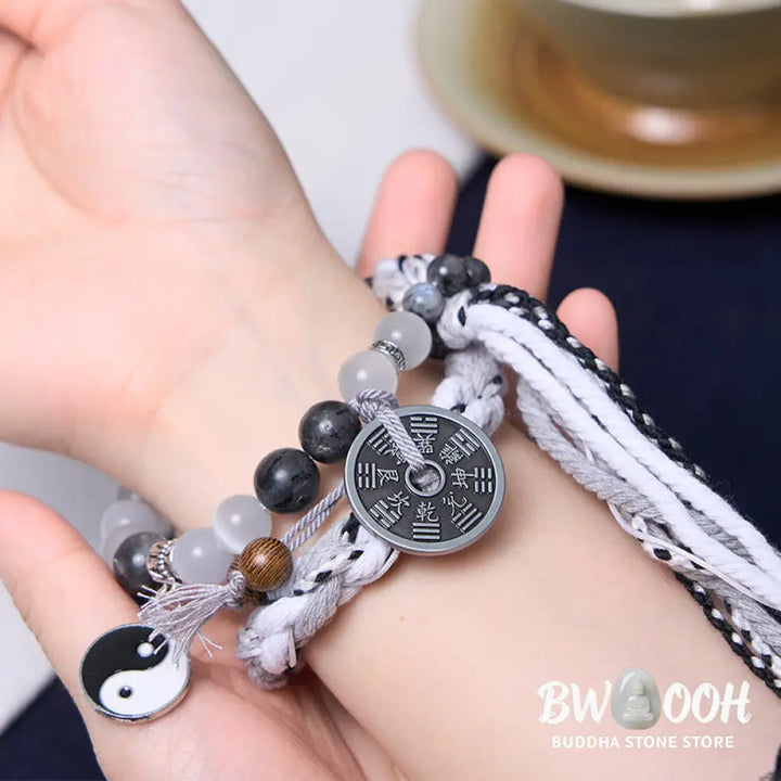 Buddha Stones Black Glitter Stone Cat’s Eye Yin Yang Mountain Ghosts Spend Money Power Double Layer Rope Bracelet