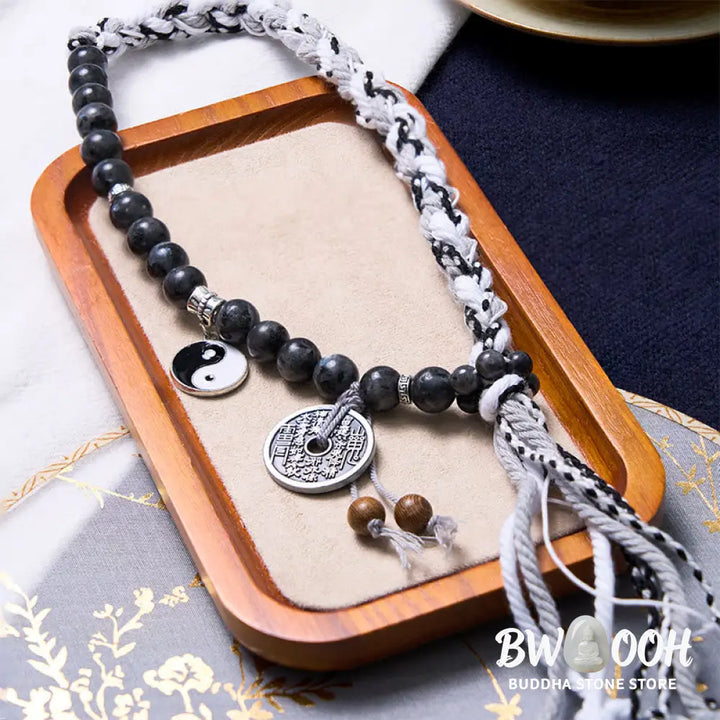 Buddha Stones Black Glitter Stone Cat’s Eye Yin Yang Mountain Ghosts Spend Money Power Double Layer Rope Bracelet
