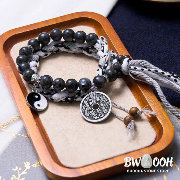 Buddha Stones Black Glitter Stone Cat’s Eye Yin Yang Mountain Ghosts Spend Money Power Double Layer Rope Bracelet