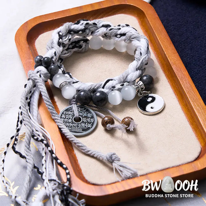 Buddha Stones Black Glitter Stone Cat’s Eye Yin Yang Mountain Ghosts Spend Money Power Double Layer Rope Bracelet