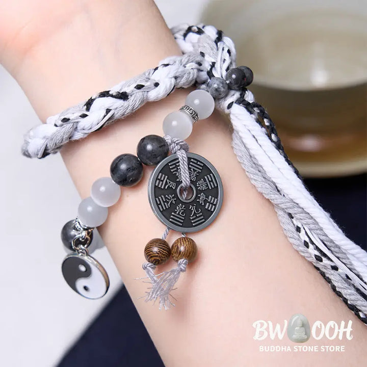 Buddha Stones Black Glitter Stone Cat’s Eye Yin Yang Mountain Ghosts Spend Money Power Double Layer Rope Bracelet