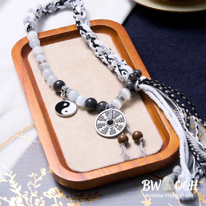 Buddha Stones Black Glitter Stone Cat’s Eye Yin Yang Mountain Ghosts Spend Money Power Double Layer Rope Bracelet