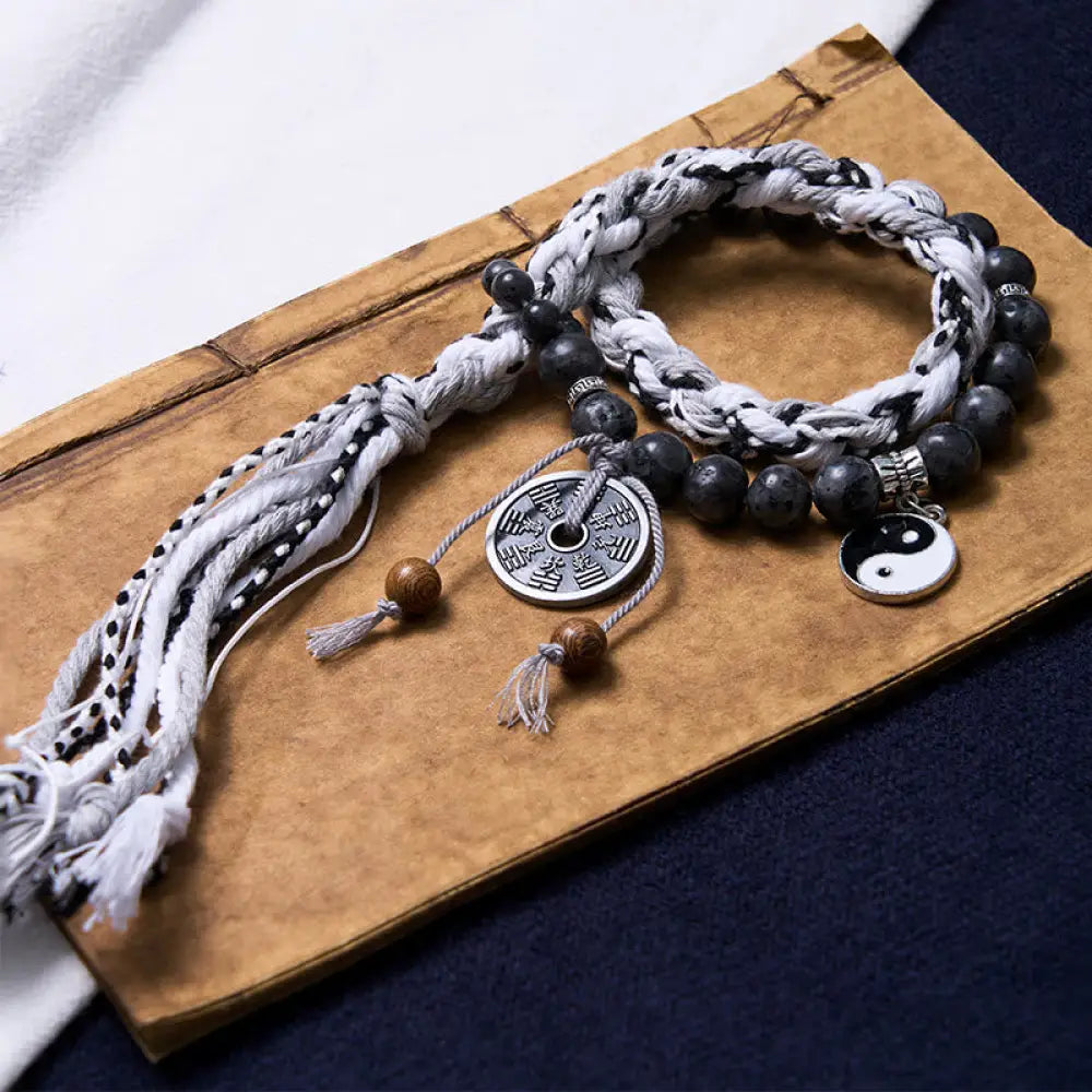 Buddha Stones Black Glitter Stone Cat’s Eye Yin Yang Mountain Ghosts Spend Money Power Double Layer Rope Bracelet