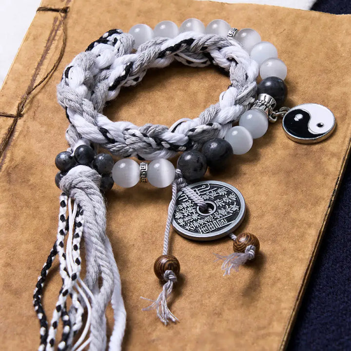 BWOOOH Black Glitter Stone Cat’s Eye Yin Yang Mountain Ghosts Spend Money Power Double Layer Rope Bracelet