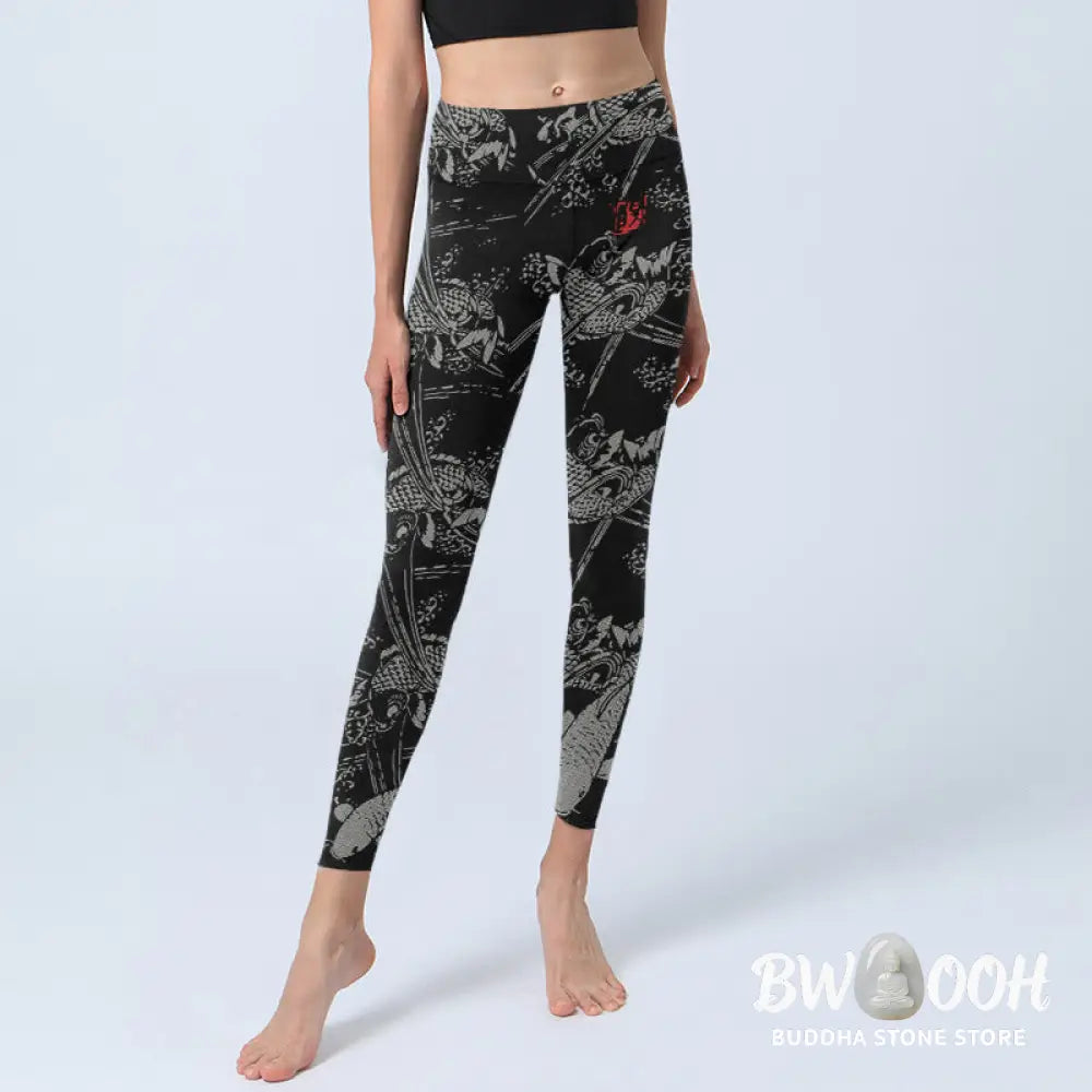 BWOOOH koi fish print yoga leggings - Black Koi Fish Pattern Print Gym Legging