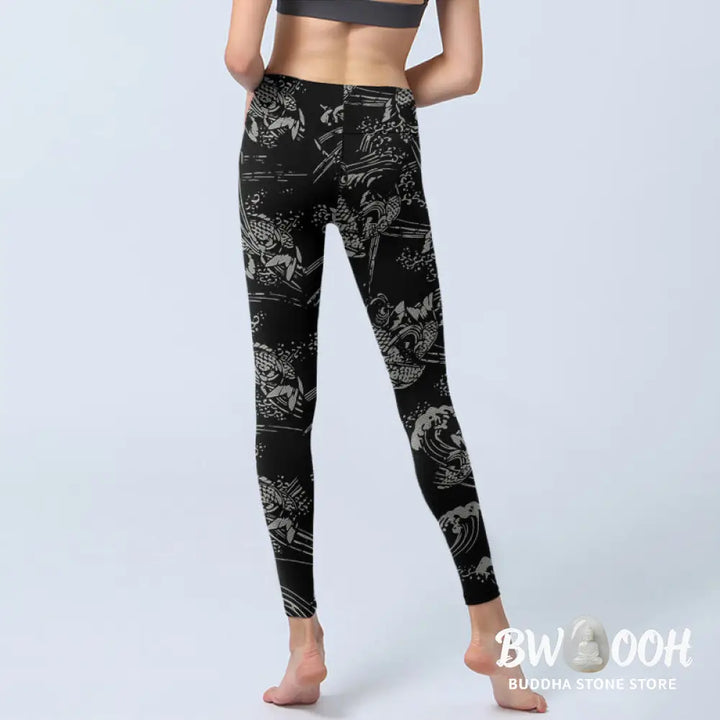 BWOOOH koi fish print yoga leggings - Black Koi Fish Pattern Print Gym Legging