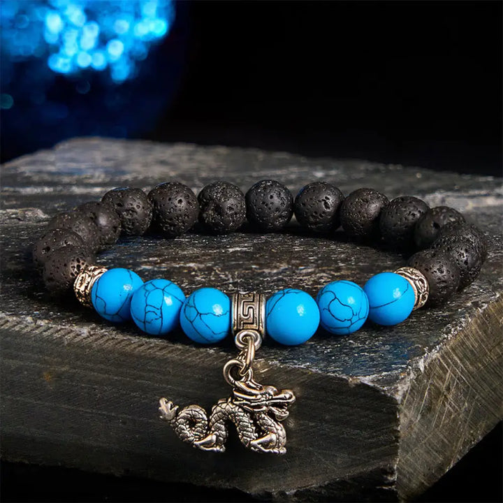Buddha Stones Black Lava Rock Crystal Beads Animal Pattern Healing Bracelet - Dragon Pattern(Wrist Circumference: