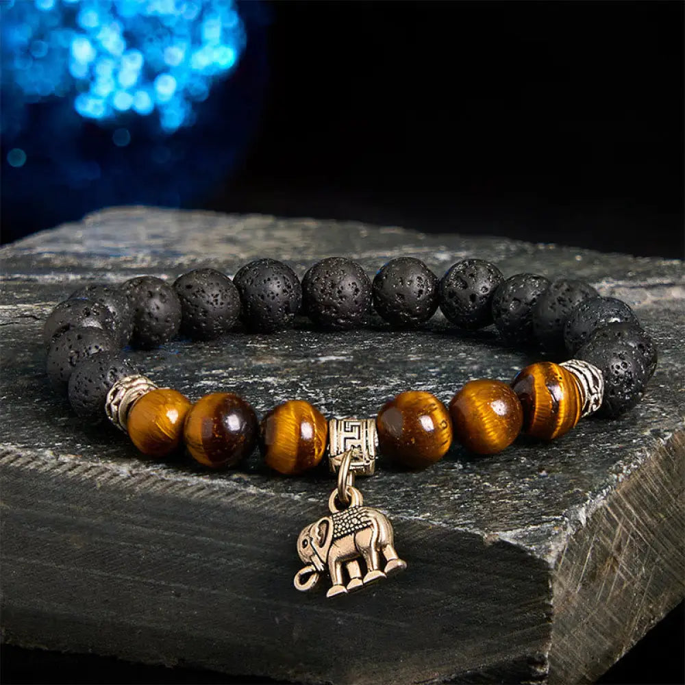 Buddha Stones Black Lava Rock Crystal Beads Animal Pattern Healing Bracelet - Elephant Pattern(Wrist Circumference: