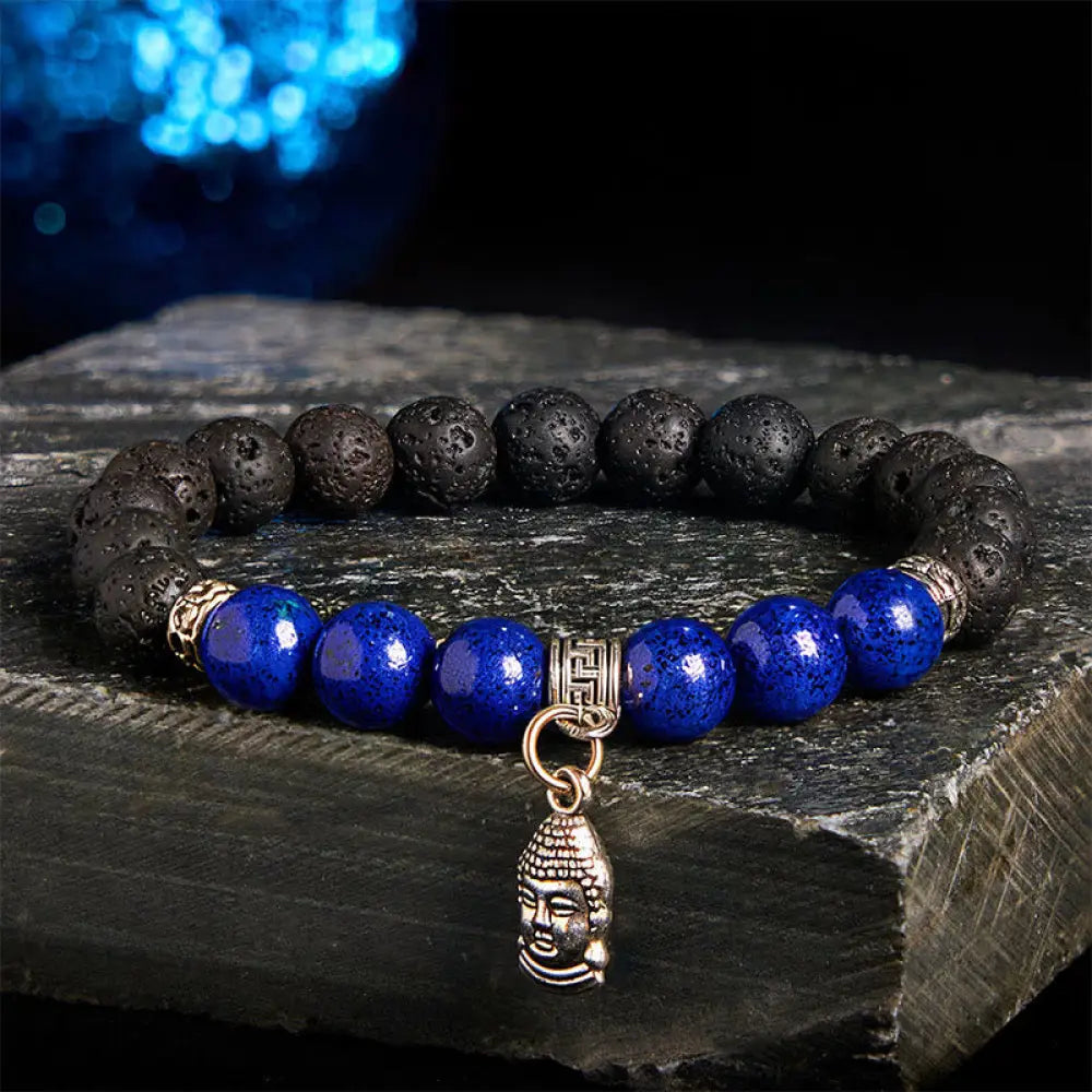 Buddha Stones Black Lava Rock Crystal Beads Animal Pattern Healing Bracelet - Buddha Head Pattern(Wrist Circumference: