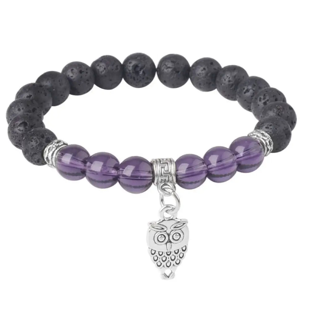 Buddha Stones Black Lava Rock Crystal Beads Animal Pattern Healing Bracelet - Owl Pattern (Wrist Circumference:
