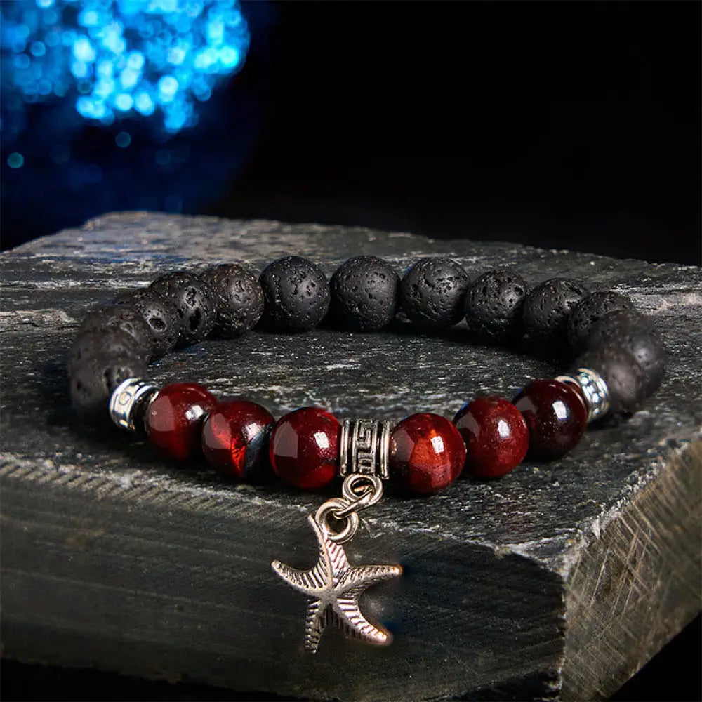 Buddha Stones Black Lava Rock Crystal Beads Animal Pattern Healing Bracelet - Starfish Pattern(Wrist Circumference: