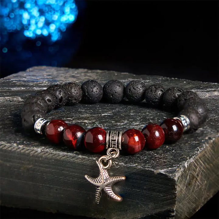 Buddha Stones Black Lava Rock Crystal Beads Animal Pattern Healing Bracelet - Starfish Pattern(Wrist Circumference: