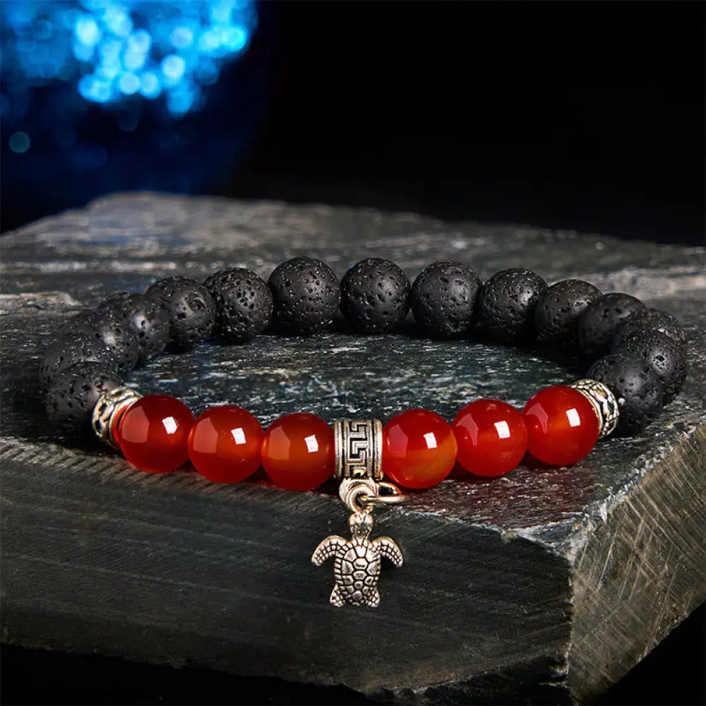 Buddha Stones Black Lava Rock Crystal Beads Animal Pattern Healing Bracelet - Turtle Pattern(Wrist Circumference: