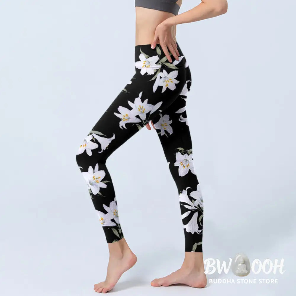 BWOOOH printed yoga leggings - Black Lily Flower Leaf Pattern Print Gym
