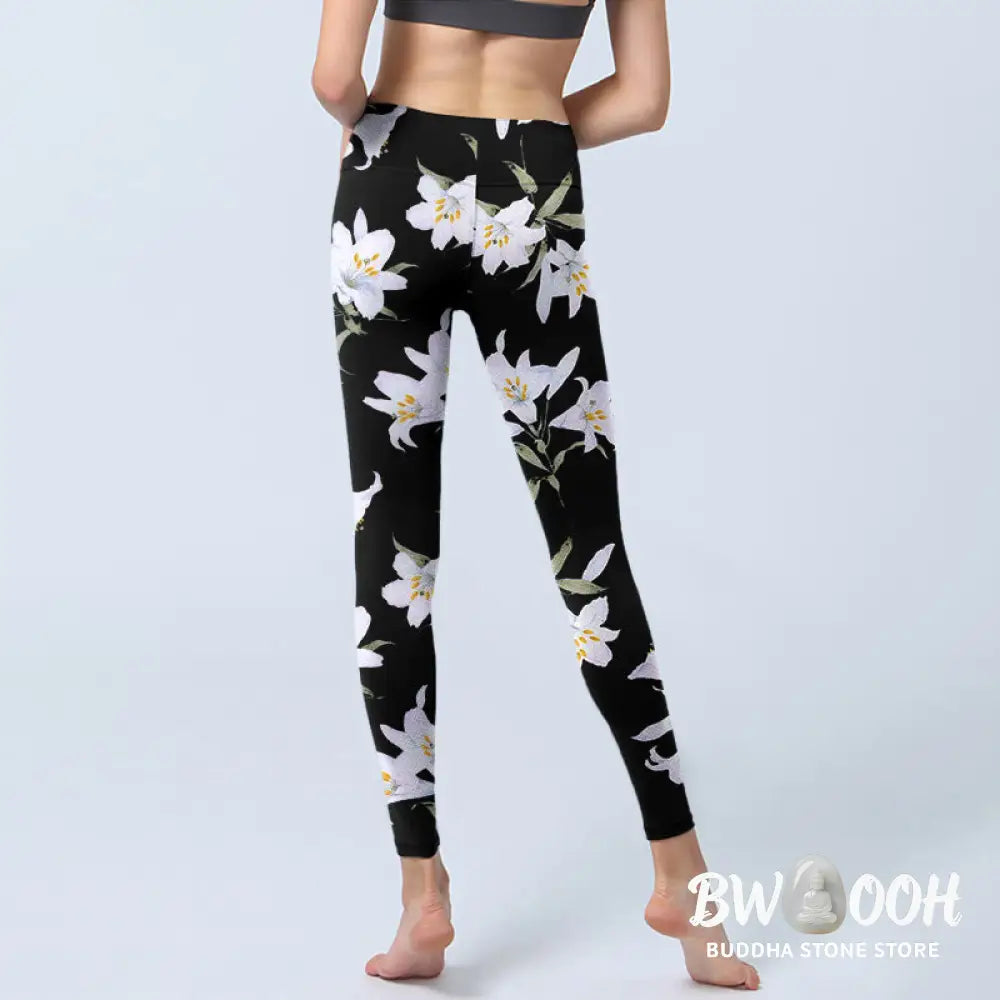 BWOOOH printed yoga leggings - Black Lily Flower Leaf Pattern Print Gym