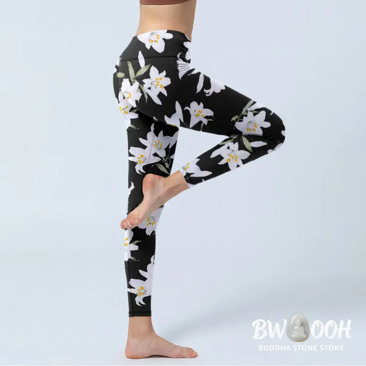 BWOOOH printed yoga leggings - Black Lily Flower Leaf Pattern Print Gym