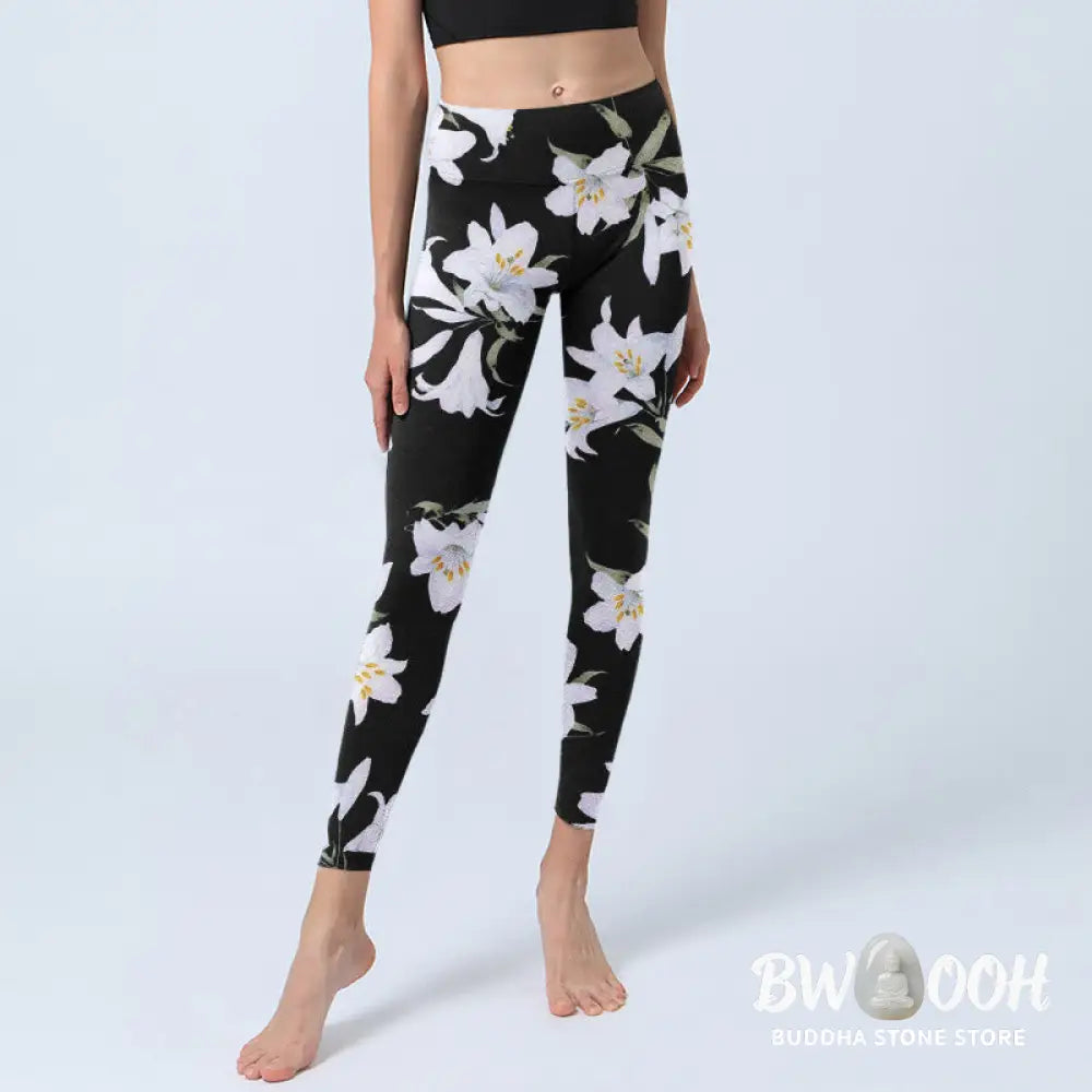 BWOOOH printed yoga leggings - Black Lily Flower Leaf Pattern Print Gym