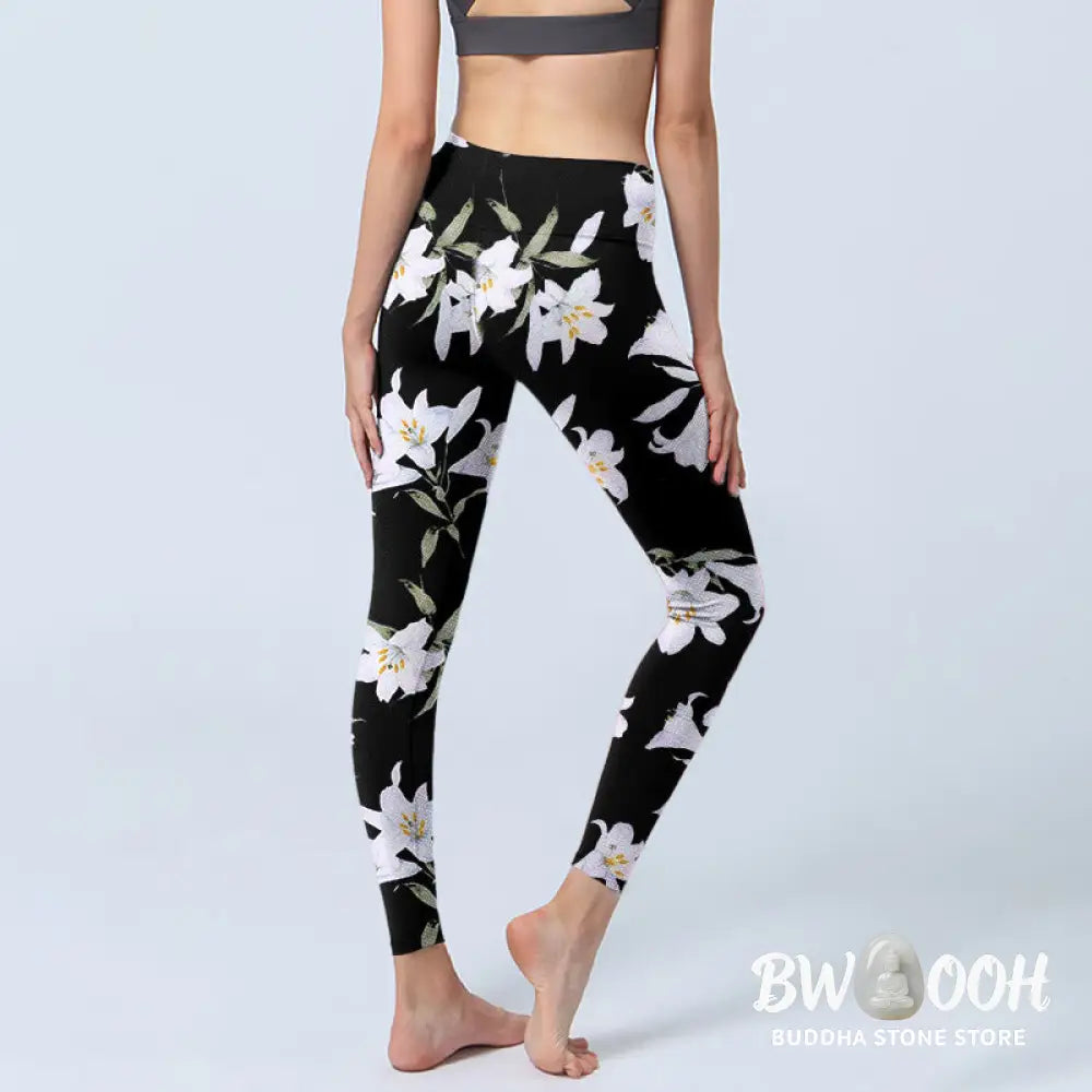BWOOOH printed yoga leggings - Black Lily Flower Leaf Pattern Print Gym