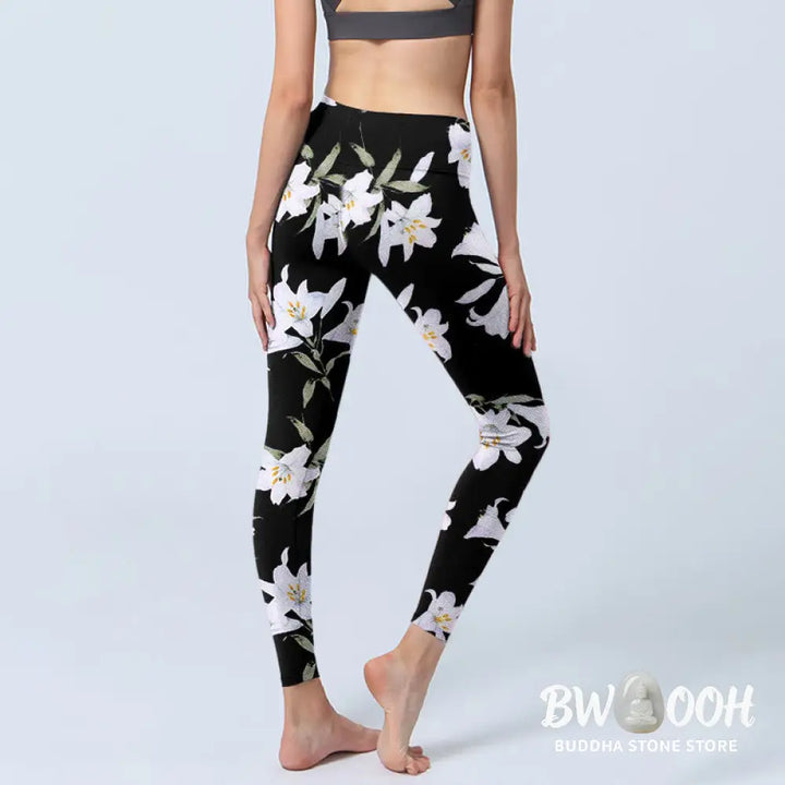 BWOOOH printed yoga leggings - Black Lily Flower Leaf Pattern Print Gym