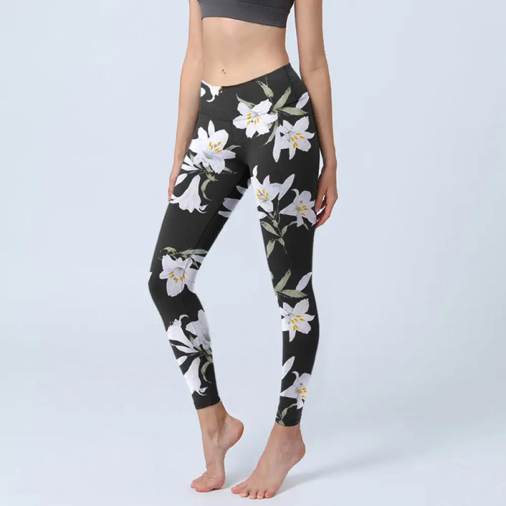 BWOOOH printed yoga leggings - Black Lily Flower Leaf Pattern Print Gym
