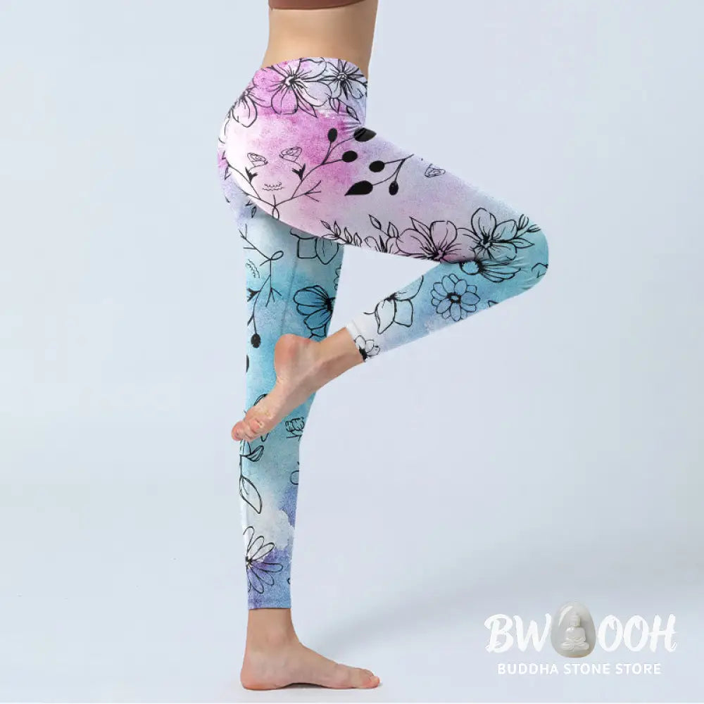 BWOOOH printed yoga leggings - Black Line-Drawn Flower Leaves Pattern P