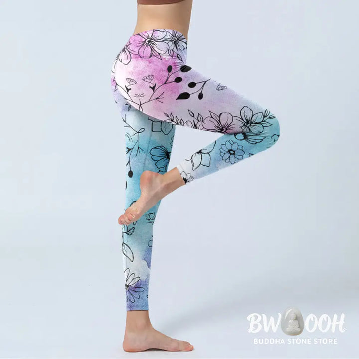 BWOOOH printed yoga leggings - Black Line-Drawn Flower Leaves Pattern P