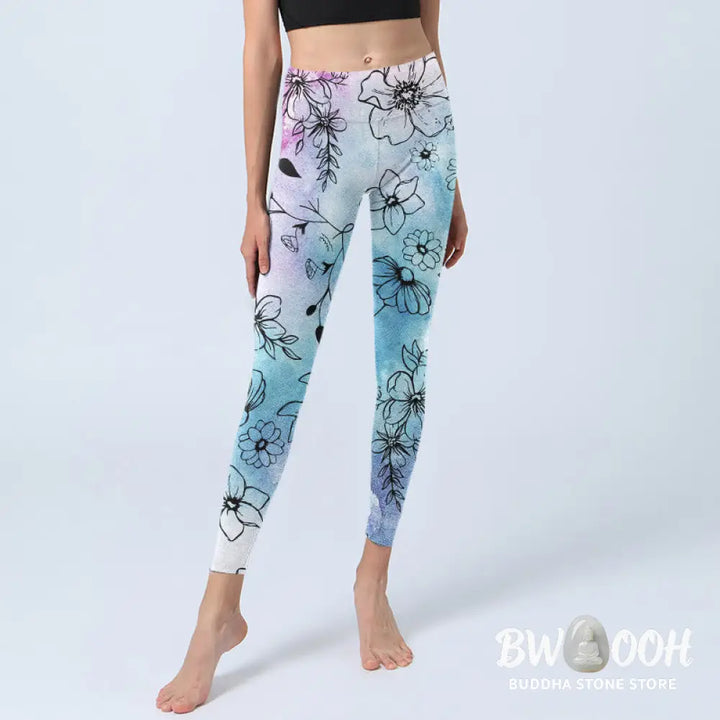 BWOOOH printed yoga leggings - Black Line-Drawn Flower Leaves Pattern P