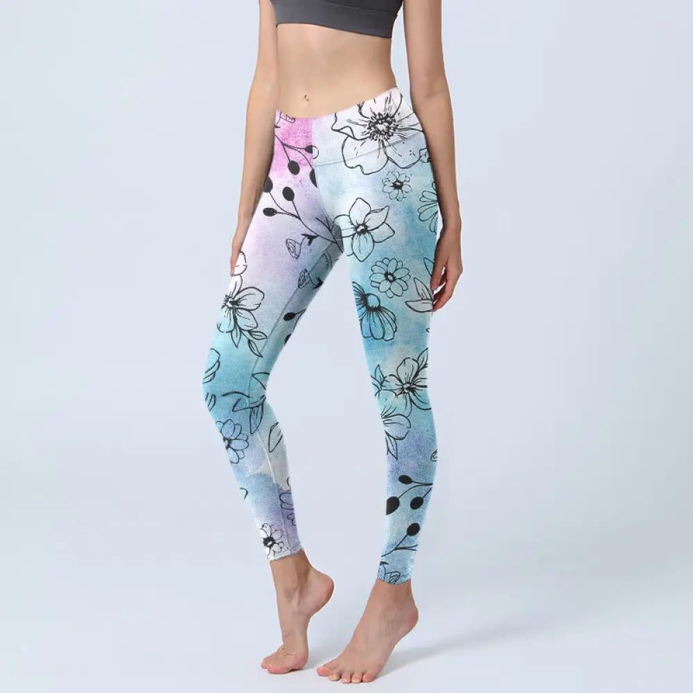 BWOOOH printed yoga leggings - Black Line-Drawn Flower Leaves Pattern P