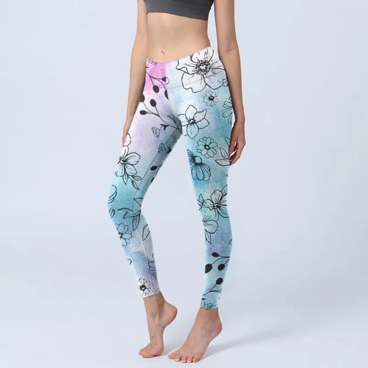 BWOOOH printed yoga leggings - Black Line-Drawn Flower Leaves Pattern P