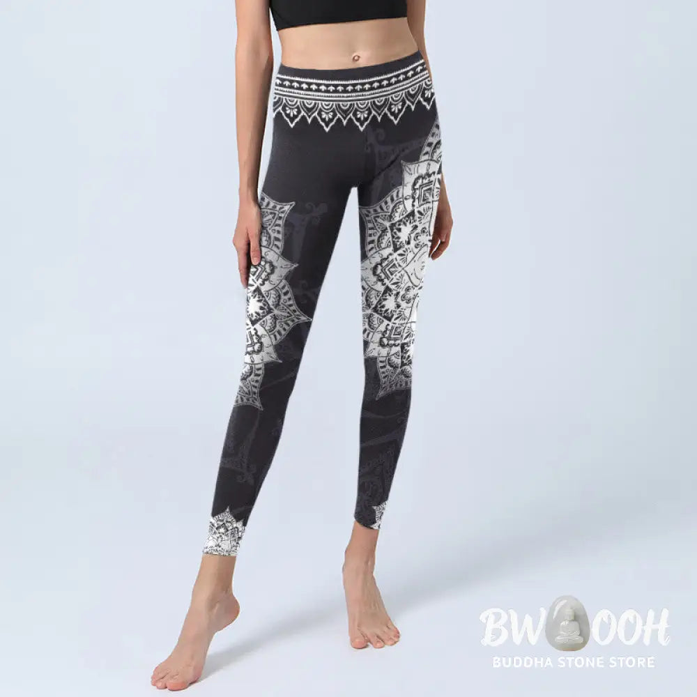 BWOOOH lotus print yoga leggings - Black Mandala Flowers Print Exercise Leg