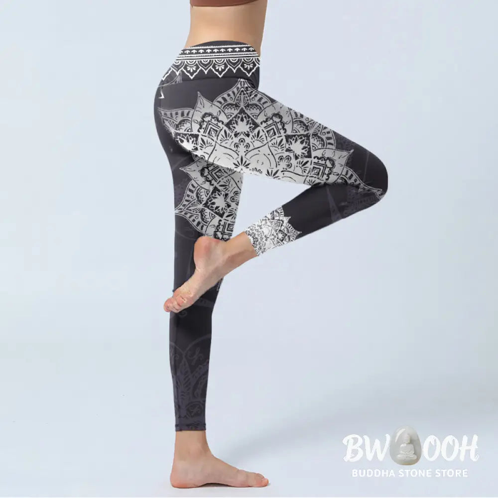 BWOOOH lotus print yoga leggings - Black Mandala Flowers Print Exercise Leg