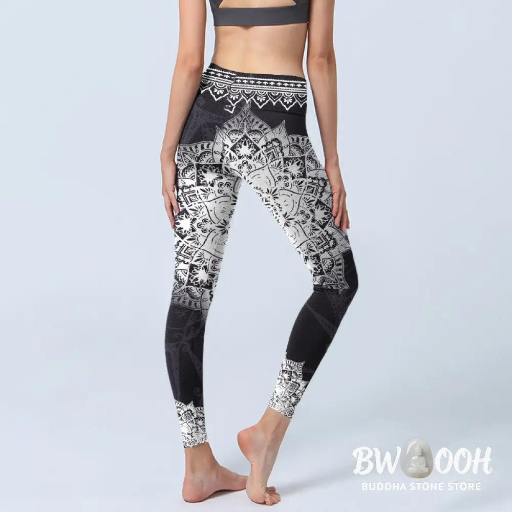 BWOOOH lotus print yoga leggings - Black Mandala Flowers Print Exercise Leg