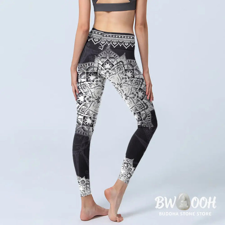 BWOOOH lotus print yoga leggings - Black Mandala Flowers Print Exercise Leg