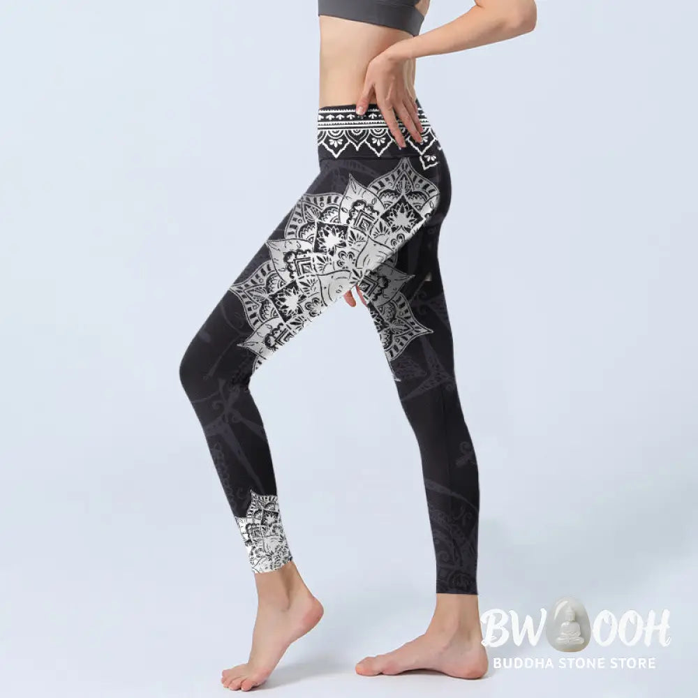 BWOOOH lotus print yoga leggings - Black Mandala Flowers Print Exercise Leg