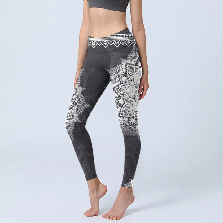 BWOOOH lotus print yoga leggings - Black Mandala Flowers Print Exercise Leg