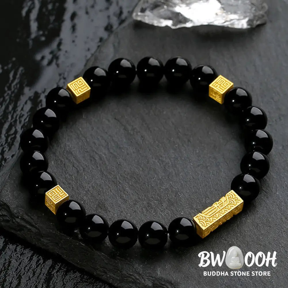 Buddha Stones Black Obsidian 925 Sterling Silver Fu Character Cube Strength Bracelet - BWOOOH - Bracelet
