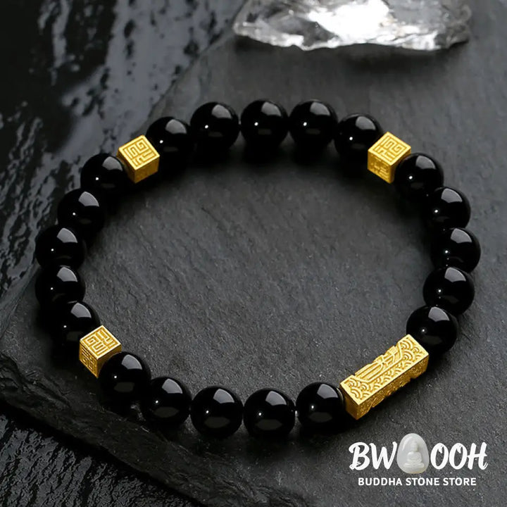 Buddha Stones Black Obsidian 925 Sterling Silver Fu Character Cube Strength Bracelet - BWOOOH - Bracelet