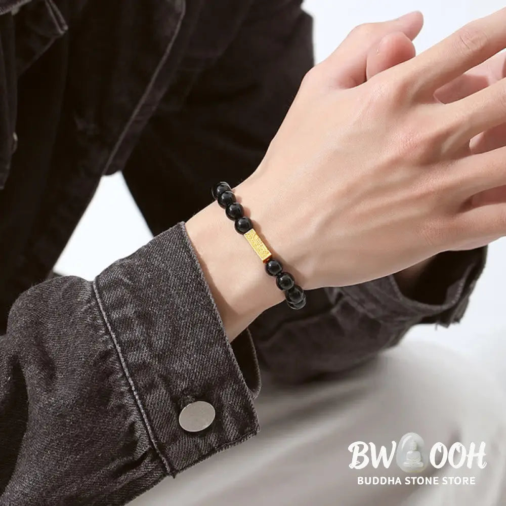 Buddha Stones Black Obsidian 925 Sterling Silver Fu Character Cube Strength Bracelet - BWOOOH - Bracelet