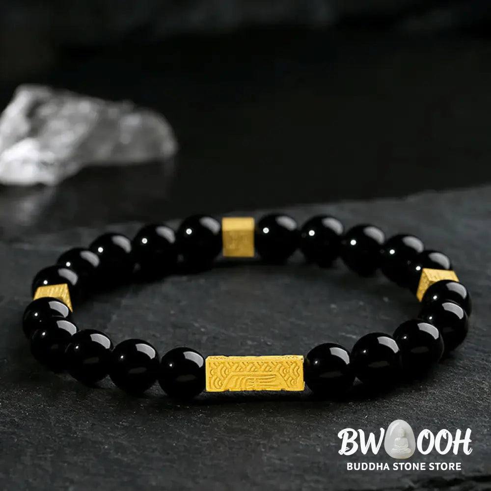 Buddha Stones Black Obsidian 925 Sterling Silver Fu Character Cube Strength Bracelet - BWOOOH - Bracelet
