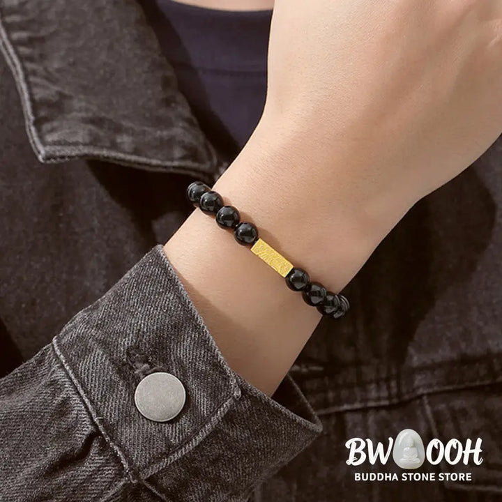 Buddha Stones Black Obsidian 925 Sterling Silver Fu Character Cube Strength Bracelet - BWOOOH - Bracelet
