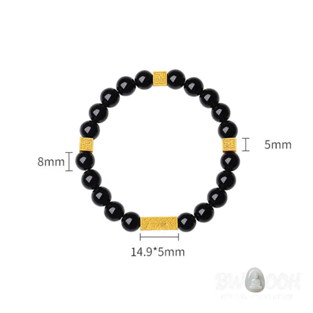 Buddha Stones Black Obsidian 925 Sterling Silver Fu Character Cube Strength Bracelet - BWOOOH - Bracelet
